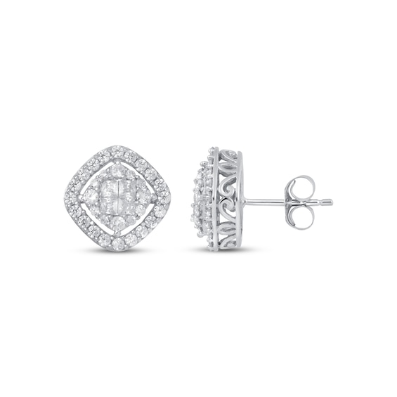 Previously Owned Diamonds Stud Earrings 1 ct tw Princess and Round-cut 10K White Gold