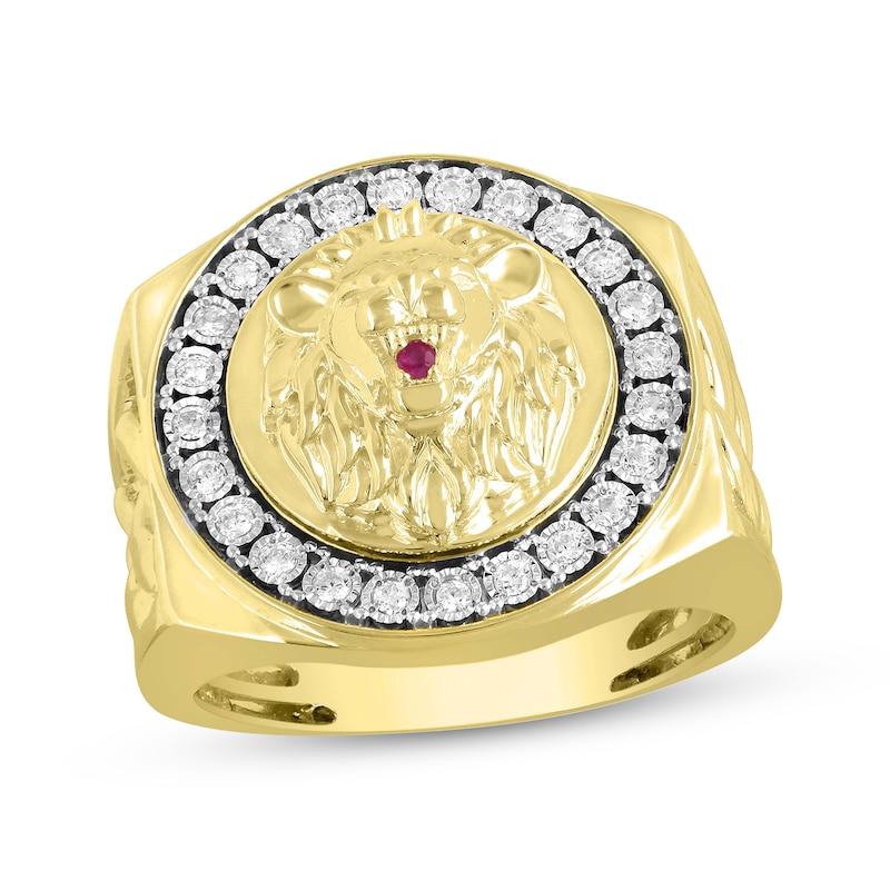 Main Image 1 of Previously Owned Men's Diamond & Lab-Created Ruby Lion Ring 1/4 ct tw Round-Cut 10K Yellow Gold