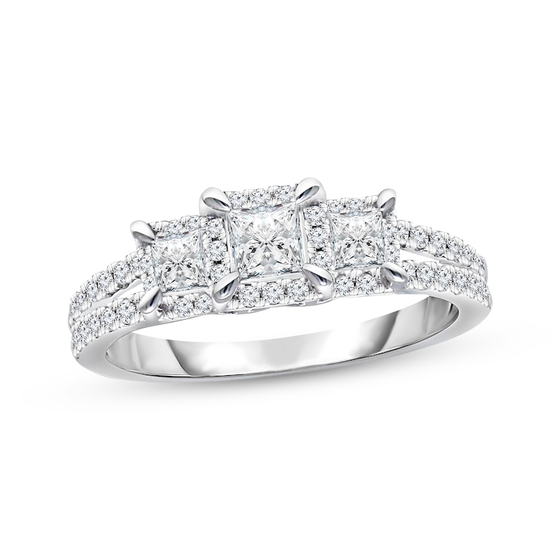 Main Image 1 of Previously Owned Three-Stone Diamond Engagement Ring 1 ct tw Princess & Round 14K White Gold