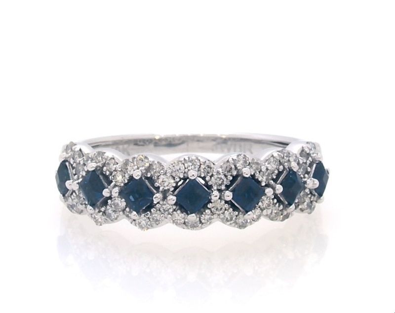 Main Image 1 of Previously Owned Square-Cut Blue Sapphire & Diamond Anniversary Ring 1/4 ct tw 10K White Gold Size 7