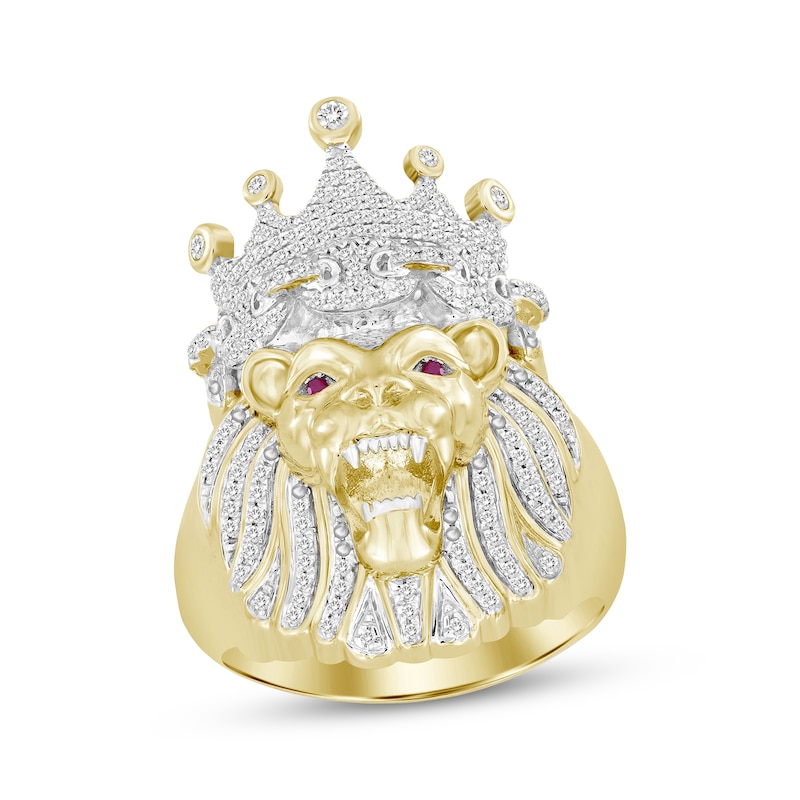 Main Image 1 of Previously Owned Men's Diamond & Lab-Created Ruby Lion Ring 1/2 ct tw Round-cut 10K Yellow Gold