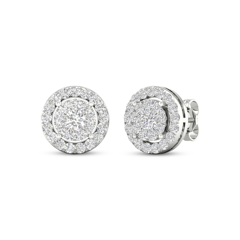 Main Image 1 of Previously Owned Diamond Halo Stud Earrings 1 ct tw Round-Cut 10K White Gold