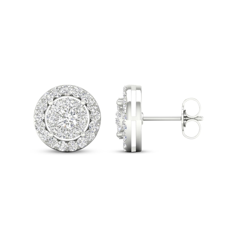 Main Image 3 of Previously Owned Diamond Halo Stud Earrings 1 ct tw Round-Cut 10K White Gold