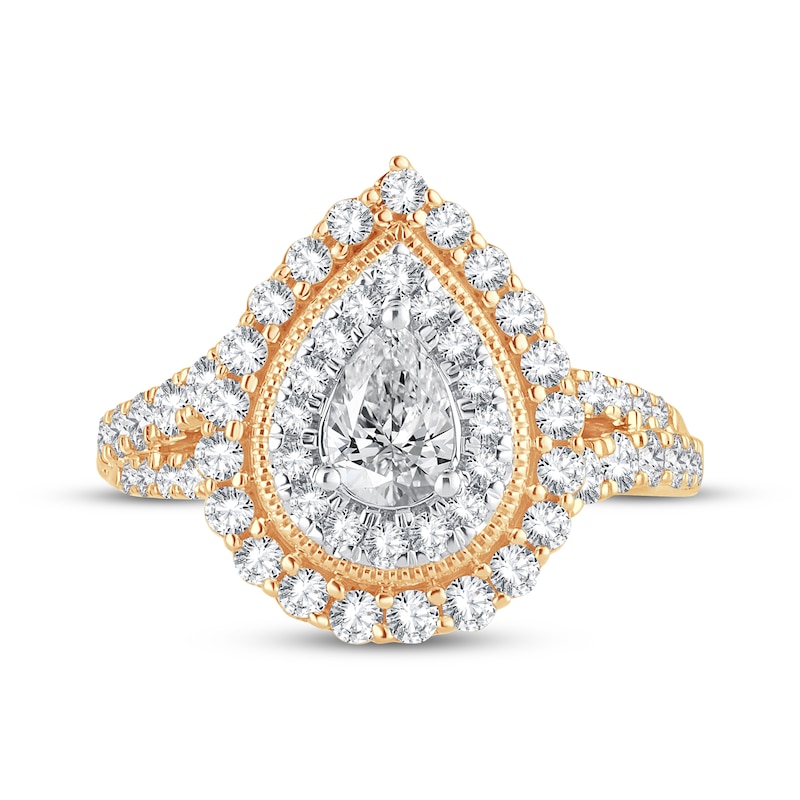 Main Image 3 of Pear-Shaped Diamond Double Halo Engagement Ring 1-1/2 ct tw 14K Yellow Gold