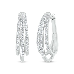 Previously Owned Diamond Three-Row Pave Hoop Earrings 1 ct tw Round-cut 10K White Gold