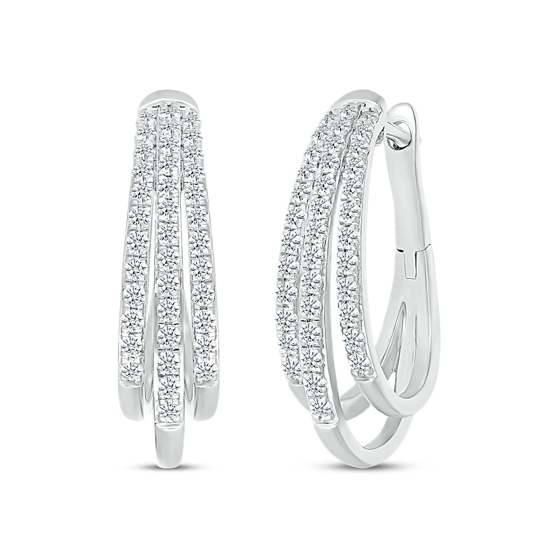 Main Image 1 of Previously Owned Diamond Three-Row Pave Hoop Earrings 1 ct tw Round-cut 10K White Gold