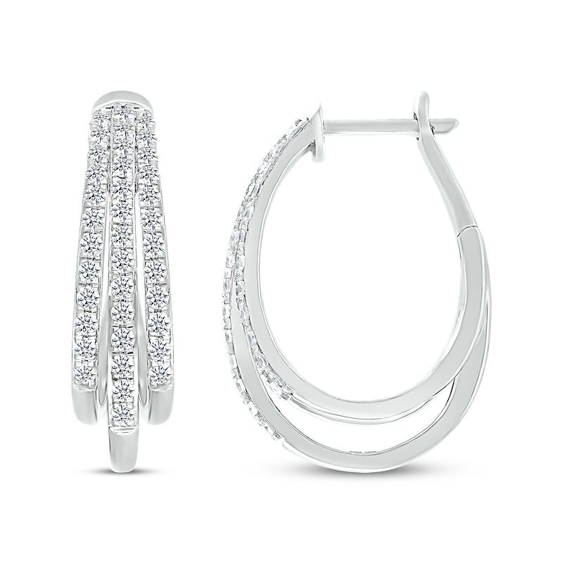 Main Image 3 of Previously Owned Diamond Three-Row Pave Hoop Earrings 1 ct tw Round-cut 10K White Gold