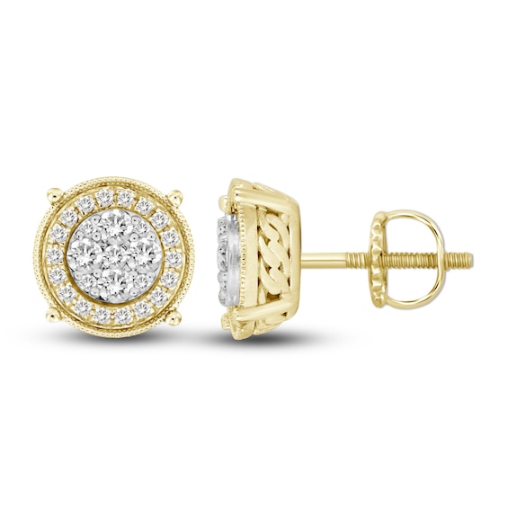 Previously Owned Men's Diamond Curb Style Stud Earrings 1 ct tw Round-cut 10K Yellow Gold