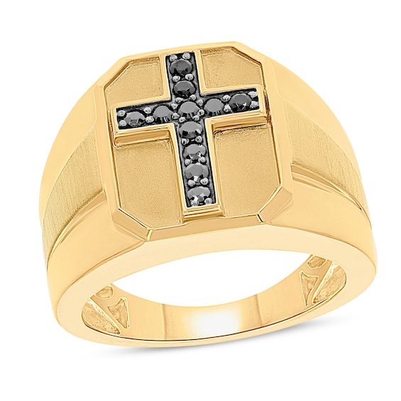 Previously Owned Men's Black Diamond Cross Ring 1/4 ct tw Round-cut 10K Yellow Gold