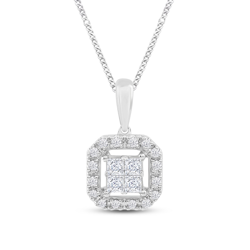 Main Image 1 of Previously Owned Diamond Halo Necklace 1/4 ct tw Princess & Round 10K White Gold 19&quot;