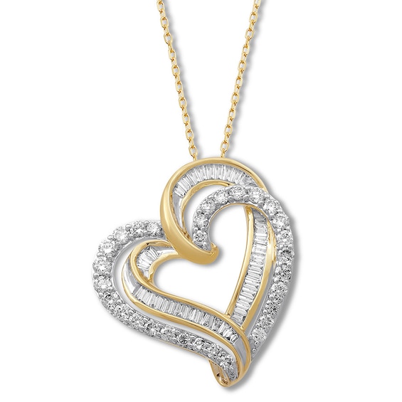 Previously Owned Diamond Heart Necklace 1 ct tw Round & Baguette 10K Yellow Gold 18"