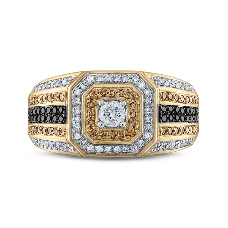 Main Image 3 of Previously Owned Men's Black, Brown & White Diamond Octagon Ring 7/8 ct tw Round-cut 10K Yellow Gold