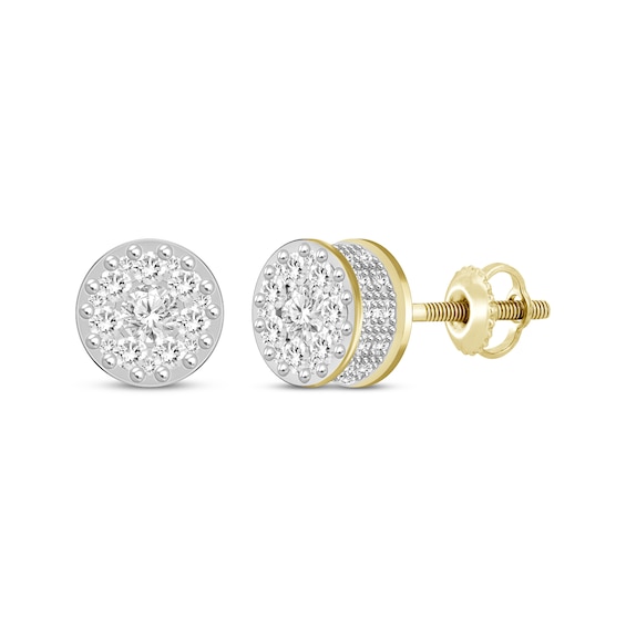 Previously Owned Men's Diamond Double Row Stud Earrings 1/2 ct tw Round-cut 10K Yellow Gold
