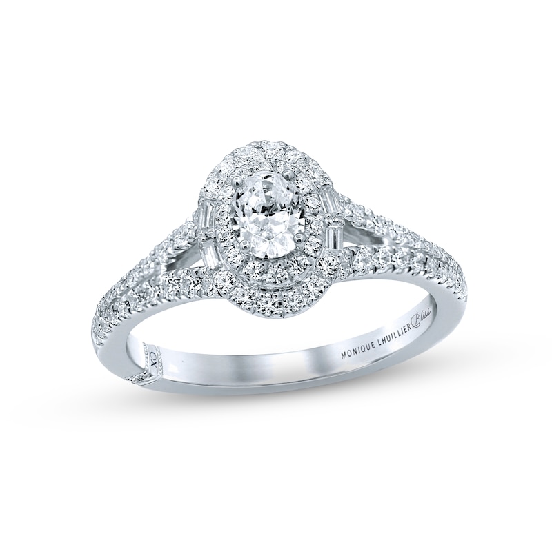 Main Image 1 of Previously Owned Monique Lhuillier Bliss Diamond Engagement Ring 3/4 ct tw Oval, Baguette & Round-cut 18K White Gold