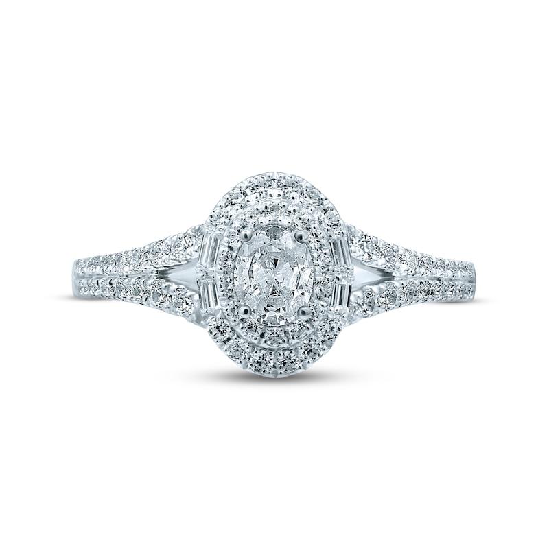 Main Image 2 of Previously Owned Monique Lhuillier Bliss Diamond Engagement Ring 3/4 ct tw Oval, Baguette & Round-cut 18K White Gold