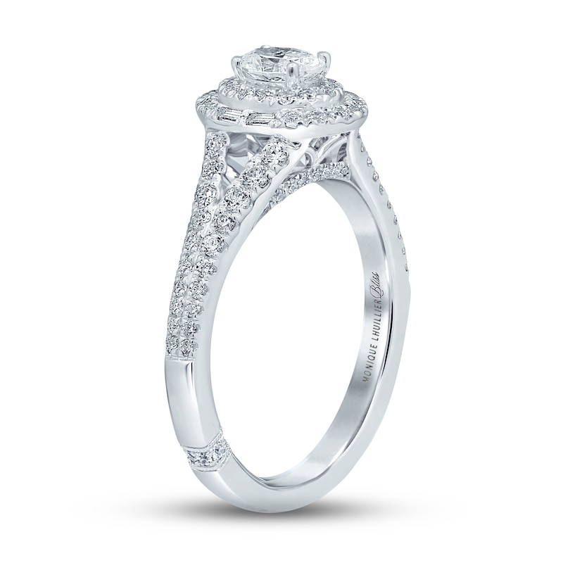 Main Image 3 of Previously Owned Monique Lhuillier Bliss Diamond Engagement Ring 3/4 ct tw Oval, Baguette & Round-cut 18K White Gold