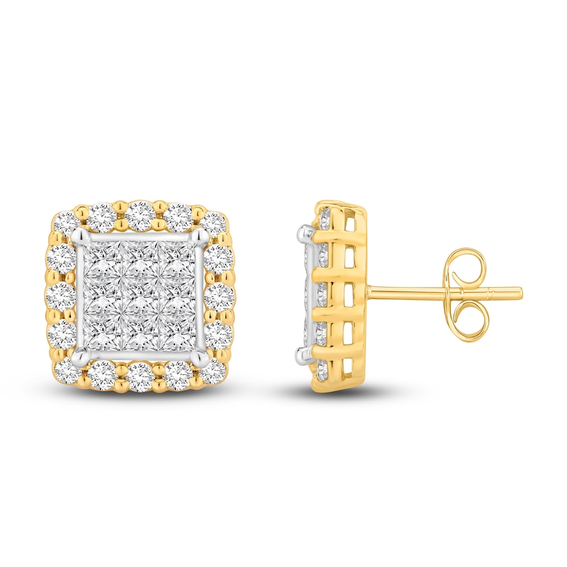 Main Image 1 of Previously Owned Diamond Cushion Stud Earrings 2 ct tw Princess & Round-cut 10K Two-Tone Gold