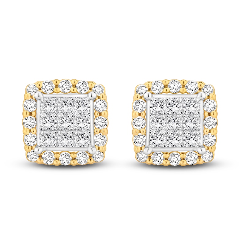 Main Image 2 of Previously Owned Diamond Cushion Stud Earrings 2 ct tw Princess & Round-cut 10K Two-Tone Gold