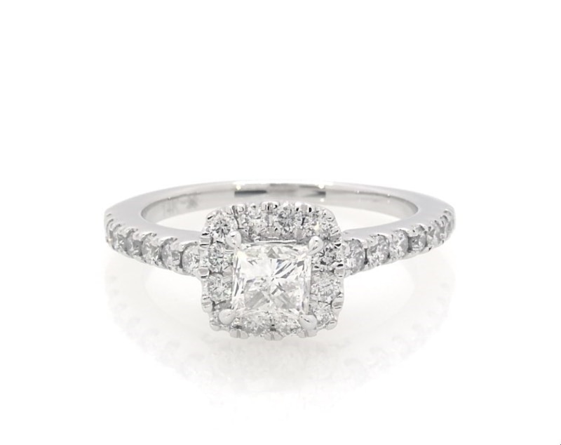 Main Image 1 of Previously Owned Princess-Cut Diamond Halo Engagement Ring 1-1/6 ct tw 14K White Gold