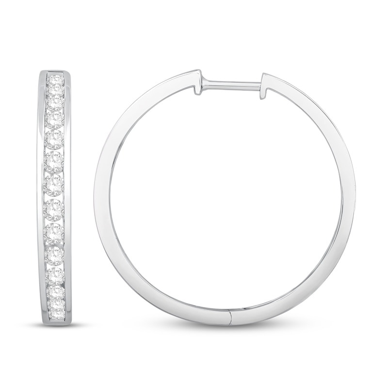 Main Image 2 of Previously Owned Diamond Hoop Earrings 1 ct tw Round-Cut 10K White Gold