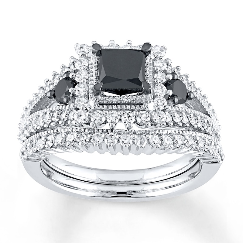 Main Image 1 of Previously Owned Princess-Cut Black & White Diamond Bridal Set 1-7/8 ct tw 10K White Gold Size 8