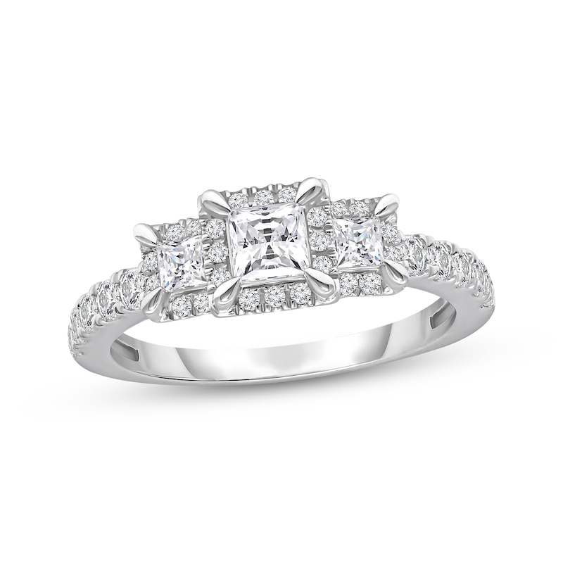 Main Image 1 of Previously Owned Diamond Three-Stone Engagement Ring 1 ct tw Princess & Round-cut 10K White Gold