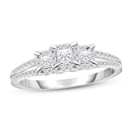 Previously Owned Three-Stone Diamond Engagement Ring 1/2 ct tw Princess/Round 14K White Gold