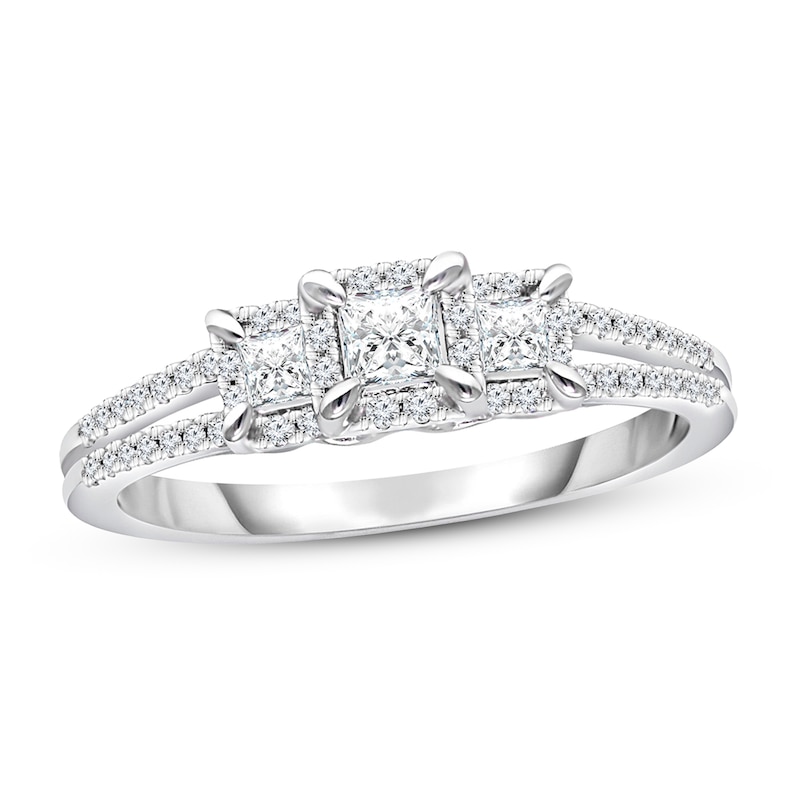 Main Image 1 of Previously Owned Three-Stone Diamond Engagement Ring 1/2 ct tw Princess/Round 14K White Gold