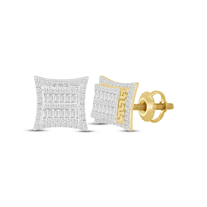 Main Image 1 of Previously Owned Men's Baguette & Round-Cut Multi-Diamond Greek Key Accent Stud Earrings 1/2 ct tw 10K Yellow Gold