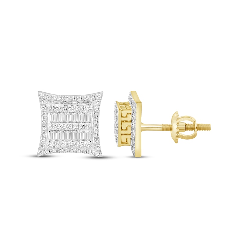 Main Image 3 of Previously Owned Men's Baguette & Round-Cut Multi-Diamond Greek Key Accent Stud Earrings 1/2 ct tw 10K Yellow Gold