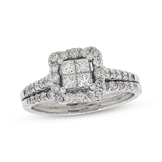 Previously Owned Diamond Bridal Set 1-1/4 ct tw Princess & Round-Cut 14K White Gold Size 9.25