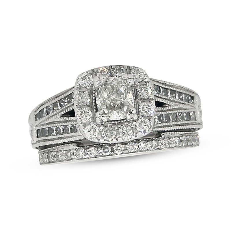 Main Image 1 of Previously Owned Neil Lane Cushion-Cut Diamond Halo Bridal Set 1-3/8 ct tw 14K White Gold Size 5.75