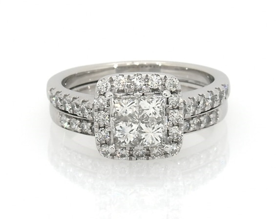 Previously Owned Princess-Cut Quad Diamond Bridal Set 1-1/8 ct tw 14K & 10K White Gold Size 6.25