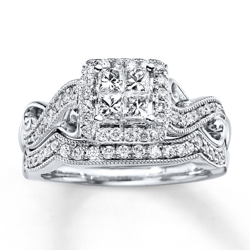 Main Image 1 of Previously Owned Princess-Cut Quad Diamond Bridal Set 3/4 ct tw 14K White Gold Size 7