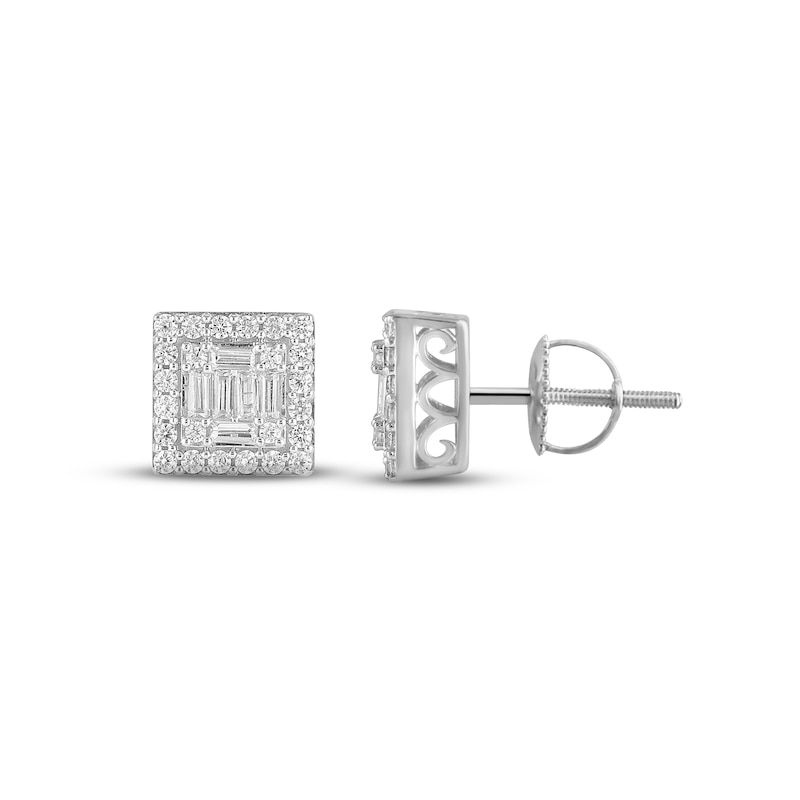 Main Image 1 of Previously Owned Men's Diamond Stud Earrings 1/2 ct tw Round & Baguette-cut 10K White Gold