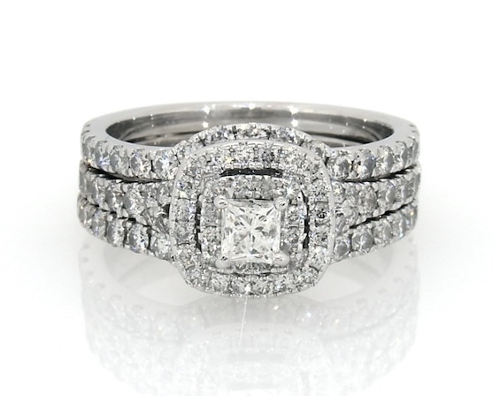 Previously Owned Neil Lane Princess-Cut Diamond Double Halo Bridal Set 1-3/4 ct tw 14K White Gold Size 6.5