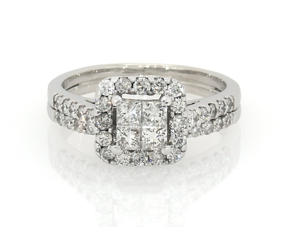 Previously Owned Princess-Cut Quad Diamond Halo Bridal Set 1-1/5 ct tw 14K White Gold Size