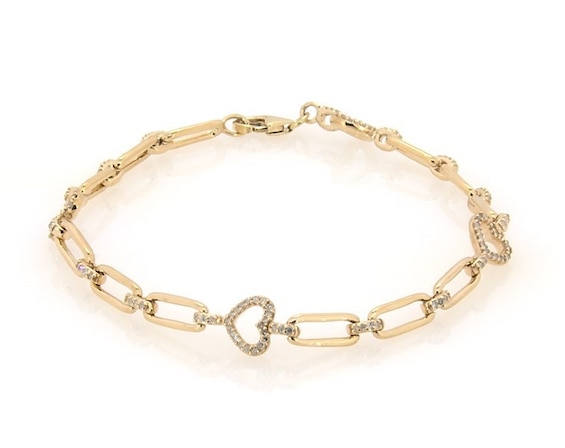 Previously Owned Round-Cut Diamond Hearts Paperclip Link Bracelet 3/8 ct tw 10K Yellow Gold 7”
