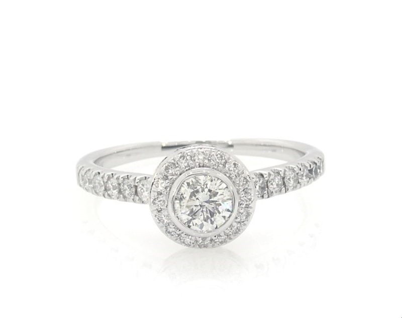 Main Image 1 of Previously Owned Round-Cut Diamond Halo Engagement Ring 7/8 ct tw 14K White Gold