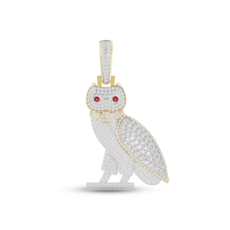 Diamond & Lab-Created Ruby Owl Charm 3/4 ct tw Round & Baguette-cut 10K  Yellow Gold