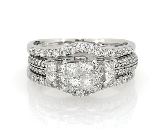 Previously Owned Three Princess-Cut Quad Diamond Bridal Set 1-3/8 ct tw 14K White Gold Size 7.25