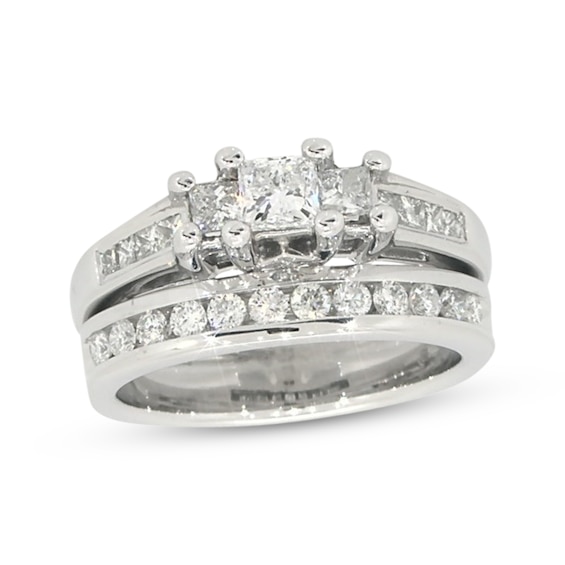 Previously Owned Princess-Cut Diamond Three-Stone Bridal Set 3/4 ct tw 14K White Gold Size 3.75