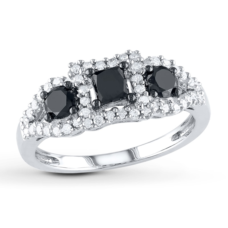 Previously Owned Princess & Round-Cut Black & White Diamond Three-Stone Engagement Ring 1 ct tw 10K White Gold Size 8