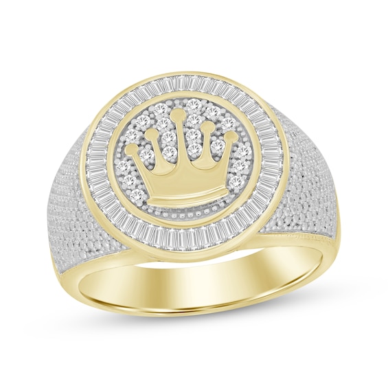 Previously Owned Men’s Round & Baguette-Cut Diamond Crown Signet Ring 1/2 ct tw 10K Yellow Gold