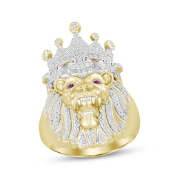 Previously Owned Men's Diamond & Lab-Created Ruby Lion Ring 1/2 ct tw Round-cut 10K Yellow Gold