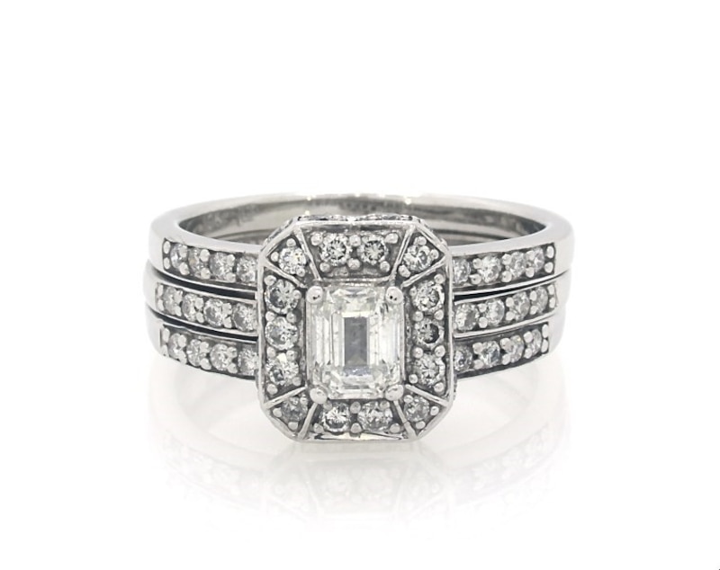 Main Image 1 of Previously Owned Emerald-Cut Diamond Bridal Set 1-1/5 ct tw 14K & 10K White Gold Size 6