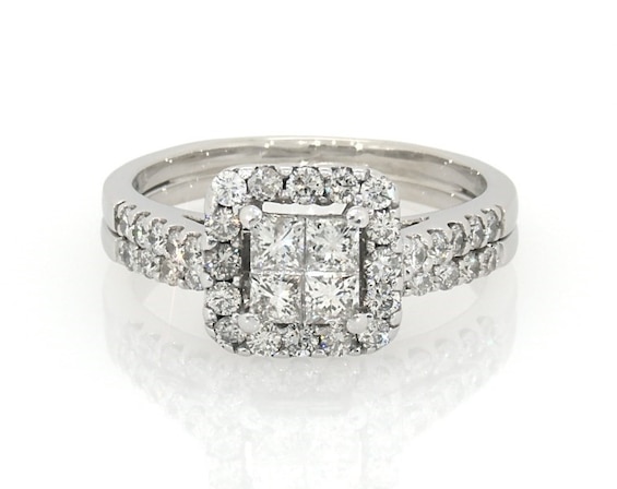 Previously Owned Princess-Cut Quad Diamond Halo Bridal Set 1-1/ ct tw 14K White Gold Size