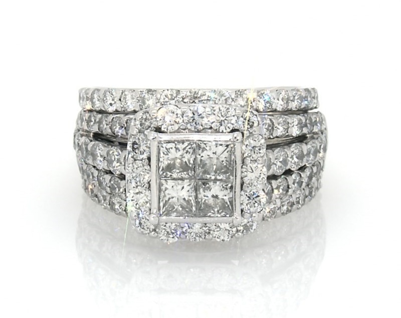 Main Image 1 of Previously Owned Princess-Cut Diamond Quad Halo Bridal Set 4 ct tw 14K White Gold Size 8.25