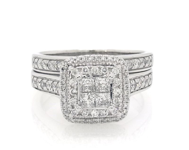 Main Image 1 of Previously Owned Princess-Cut Quad Diamond Double Halo Bridal Set 1 1/2 ct tw 14K White Gold Size 10.5