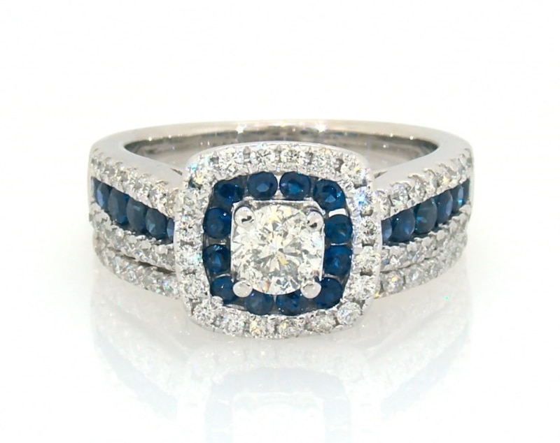 Main Image 1 of Previously Owned Round-Cut Diamond & Blue Sapphire Halo Bridal Set 1 ct tw 14K White Gold Size 6